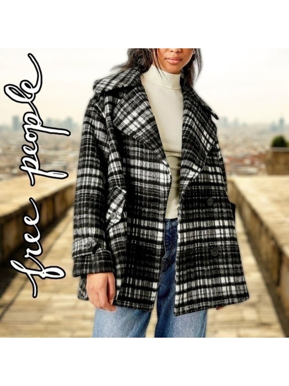 FREE PEOPLE Highlands Slouchy/Relaxed Black-White PLAID Wool Blend PeaCoat-Md